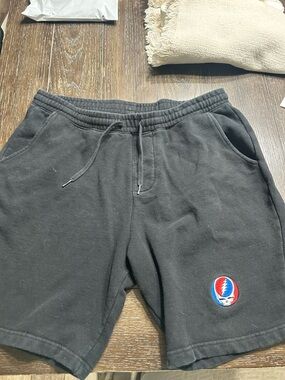 adidas Black Athletic Drawstring Shorts with Red & Blue Embroidered Patch